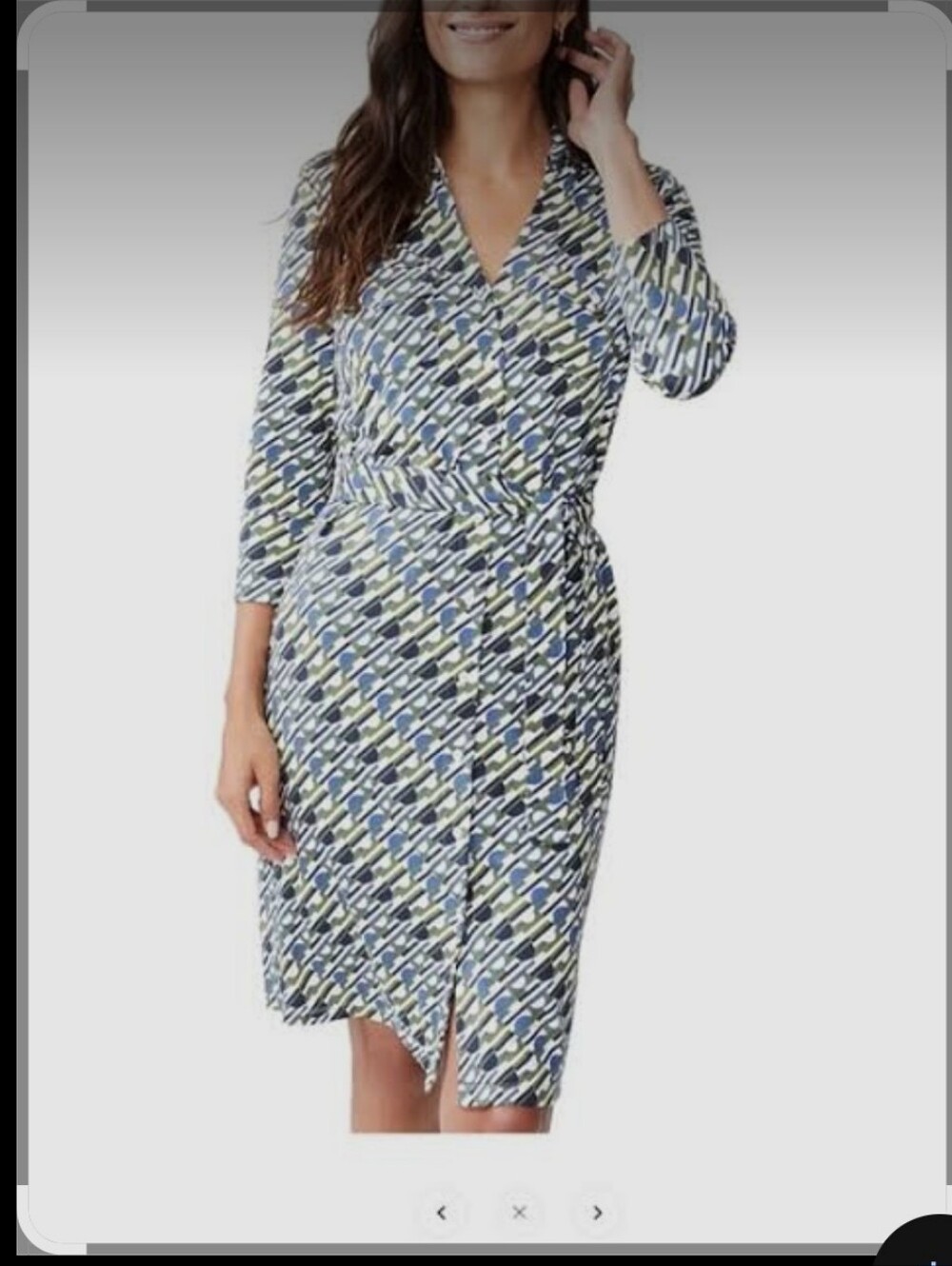 J. McLaughlin Blue, White & Green Geometric Wrap Midi Dress